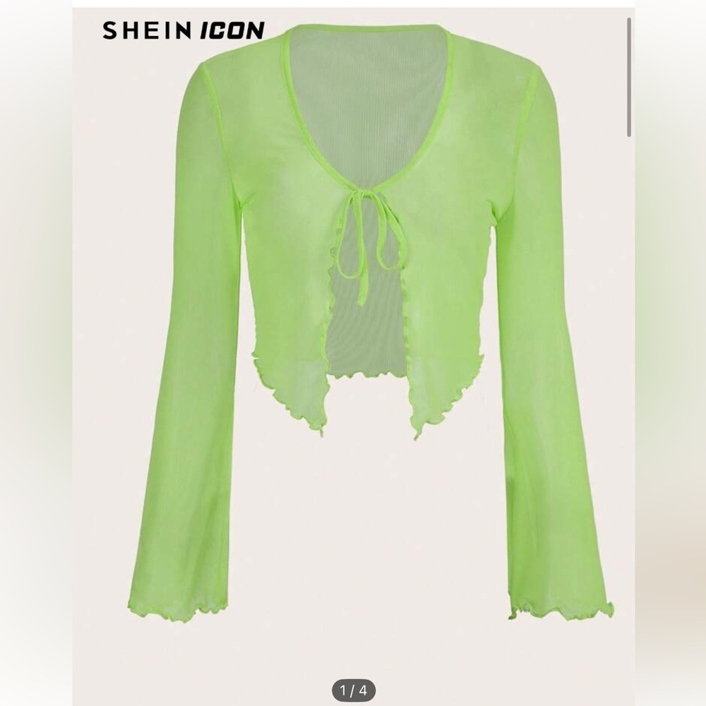 SHEIN Neon Green Sheer Tie-Front Blouse